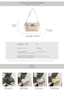 Detail view of small PU handbag with woven handle and dimensions 24x15x11cm