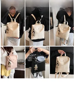 Detailed views of leather backpack in multiple colors with cute doll charm and handle