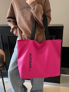 Chic rose red oversized tote bag with letter print and durable black handles