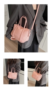 Three-angle views of a pink pebble leather handbag showing front, side and crossbody fit
