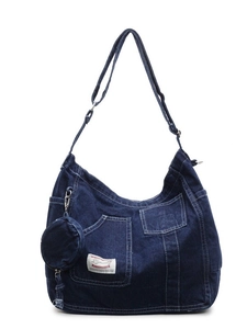 Grande borsa hobo in denim blu scuro con tracolla regolabile e piccolo portamonete tondo
