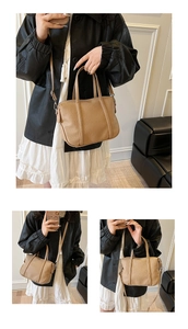 Beige pebble leather handbag shown in three ways: handheld, shoulder, and crossbody style