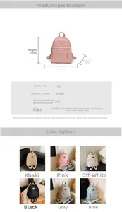 Macro detail of PU leather backpack dimensions and color selection chart