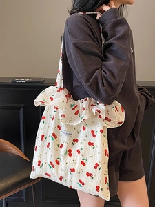 Women's Fresh Cherry Print Tote Bag With Ruffle Edge Canvas Cotton Fabric Large Capacity Casual Shoulder Bag Shopping Handbag