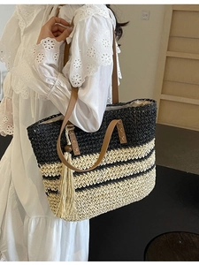 Retro oversized woven tote bag with fringe and bohemian stripe pattern