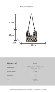 Dimensioni dettagliate di una borsa a secchiello intrecciata bicolore con nappe e tracolla