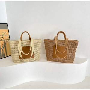 Macro detail of large woven tote bags with leather patches on a minimalist display