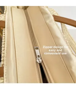 Detail of woven tote bag featuring a smooth fabric lining and secure silver metal zipper