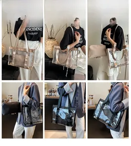Detailed views of women's transparent PVC beach tote bag showing inner zipper pouch and straps
