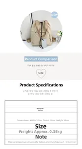 Detail of beige nylon drawstring backpack showing dimensions 31x16x36cm and 0.35kg weight