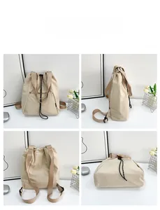 Detail view of a beige drawstring backpack showing front, side, back and bottom angles