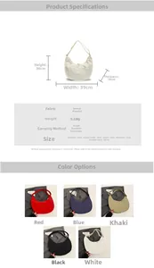 Detail showing dimensions and five color options for the lightweight crossbody crescent bag