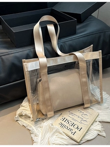 Grand sac cabas transparent en PVC avec pochette intérieure beige et bandoulière tissée