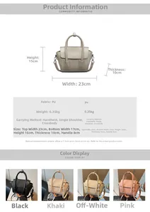 Size chart for PU leather handbag showing dimensions 23x15x10cm in four colors
