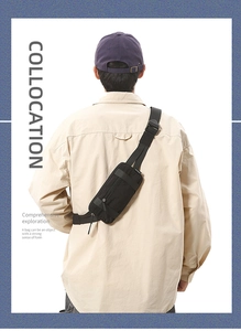 Slim black nylon multipurpose waist bag worn as a crossbody bag for men on the back
