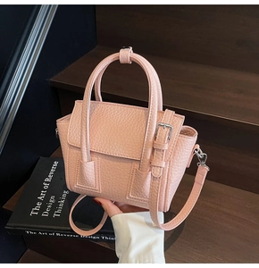 Detail of pink lychee grain leather mini handbag with silver hardware and top handles