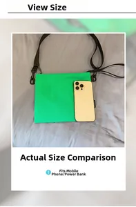 Detailed size comparison of a green minimalist nylon crossbody bag showing phone capacity