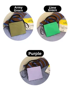 Three minimalist crossbody bags in army green, fruit green, and purple nylon fabric