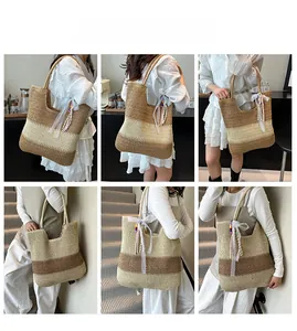 Detail of large straw tote bag with color-block stripes and decorative lace ribbon