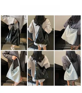 Detailed views of versatile tote bag in black and grey shown by model in various angles