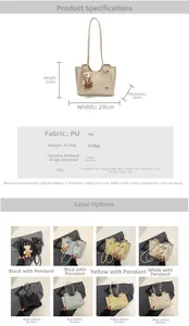 Detailed view of litchi texture PU leather tote with bear charm and size measurements