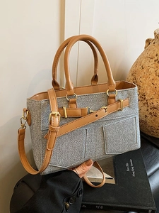 Women Fashion PU Leather Handbag Contrast Color Tote Shoulder Crossbody Bag With Gold Buckle Decorative Pocket Urban Style