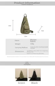Detailed size chart and dimensions for the green and black crossbody sport chest bag