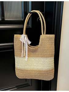 Women Straw Woven Tote Bag Large Capacity Color Block Striped Shoulder Bag With Lace Bow Tassel Summer Beach Vacation Bag