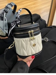 Women Quilted PU Leather Bucket Bag Camellia Decor Handbag With Scarf Handle Elegant Crossbody Shoulder Bag Versatile Daily Purse