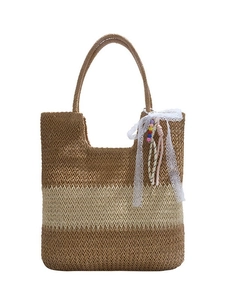 Large striped straw woven tote bag with lace ribbon and colorful bead charms