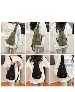 Detail of nylon crossbody bag with adjustable straps and rabbit logo in black and green