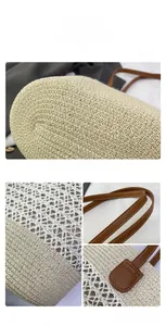 Detailed views of woven tote bag showing stitching and straw material texture