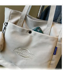 Détail du sac cabas en toile montrant la poche à bouton-pression et le logo brodé