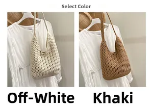 Detail of woven crochet tote bags in cream and khaki colors with hollow-out flower pattern