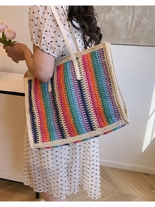 Handmade rainbow striped woven tote bag with large capacity for summer beach holidays