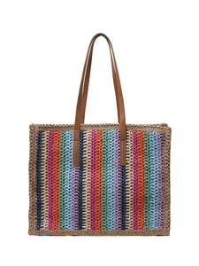 Handwoven rainbow striped tote bag with leather straps for beach and summer travel
