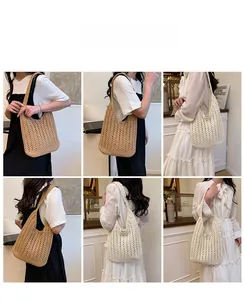 Detailed views of handmade hollow woven shoulder bag in khaki and creamy white cotton
