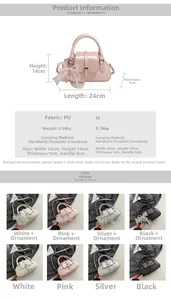 Detailed spec sheet and color options for the stylish bow shell bag with pearl accessory