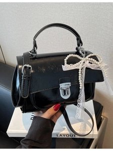 Fashion Women PU Leather Small Square Bag With Artificial Pearl Lace Bow Pendant Sweet Crossbody Shoulder Bag Versatile Handbag