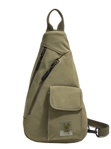 Minimalistische armeegrüne Canvas-Umhängetasche mit mehreren Fächern und Logo-Print