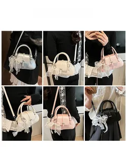 Detailed views of bow shell bags in five colors with lace and pearl charms