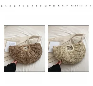 Detail of handmade straw handbags in khaki and beige with circular cutout handles