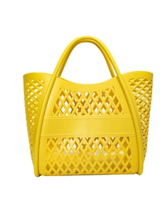 Bright yellow hollow-out silicone beach tote bag with diamond mesh pattern on white background