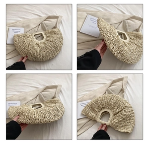 Detail of hand-woven straw tote bag showing tight crochet texture and top handle