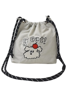 Hellbeige Nylon-Umhängetasche mit Kordelzug, Hundestickerei und großartigem Schriftzug