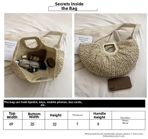 Detailed size chart and interior capacity view of beige handmade straw beach tote bag
