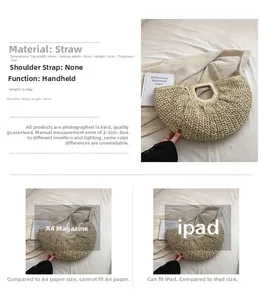 Detail of straw handbag dimensions 49x32cm showing iPad capacity and straw texture