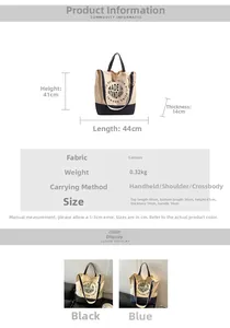 Guide des tailles détaillé et spécifications du sac en toile en noir et en bleu