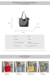 Size chart showing large canvas tote dimensions: 38x36x16cm with strap details