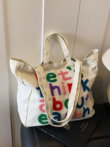 Bolso tote de lona con bordado de letras coloridas y correa ancha para el uso diario